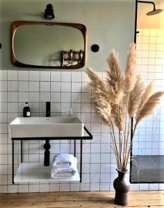 a bathroom with a sink and a mirror and a plant at LA MUSARDE in Villers-sur-Mer