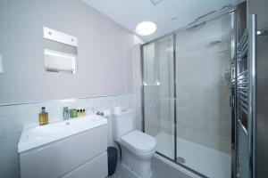 uma casa de banho com um WC e uma cabina de duche em vidro. em Peartree Serviced Apartments em Salisbury