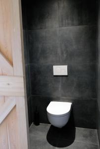 a bathroom with a toilet and a black wall at Bed & Wijn - Suite 2 in Staphorst