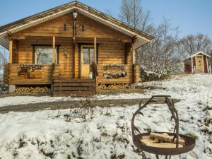 a log cabin in the snow with a swing at Holiday Home Pikkupöllö in Kaaresuvanto