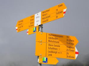 un panneau de rue avec de nombreux panneaux jaunes dans l'établissement Apartment Sumpfbödeli by Interhome, à Lenk im Simmental