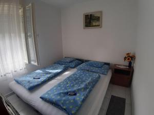 2 camas en una habitación con almohadas azules en Holiday Home Szabo - MAF144 by Interhome en Balatonmáriafürdő