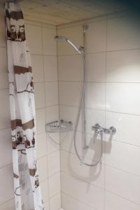 a shower in a bathroom with a shower curtain at Apartment Chalet Zimmermann by Interhome in Kiental