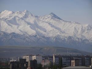 una montaña cubierta de nieve frente a una ciudad en Paradise Apartment, en Bishkek