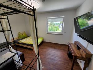 a bedroom with a bunk bed and a television at Ferienwohnungen Im Grund 22, 22a, 22c Birkenstein in Hoppegarten