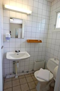 a bathroom with a sink and a toilet and a mirror at Rasta Håby in Munkedal