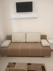 brązowa kanapa w salonie z telewizorem z płaskim ekranem w obiekcie Modern appartment near Sofievka w mieście Humań