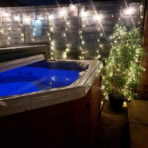 a bathroom with a tub with lights and a plant at The Green Monkey Lux Suite at The Grumpy Schnauzer B&B Private Hot Tub, Gym, Breakfast, Stunning! in New Monkland