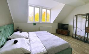 1 Schlafzimmer mit 2 Betten, einem TV und 2 Fenstern in der Unterkunft PRIMA Inn Ferienwohnungen Sonnenufer am Ruppiner See in Neuruppin