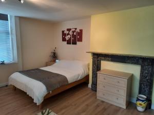 a bedroom with a bed and a fireplace at Self Contained studio flat in Winterton Hall in Great Yarmouth