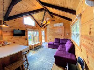 a living room with a purple couch in a cabin at B10 NEW Awesome Tiny Home with AC Mountain Views Minutes to Skiing Hiking Attractions in Carroll