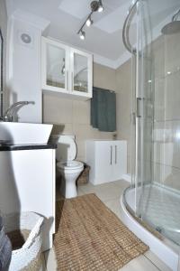 a bathroom with a shower and a toilet and a sink at Cyprus Manor 12 in Mossel Bay