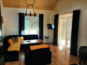 a living room with a couch and a table at Bieszczady Domek Nad Stawem in Lesko