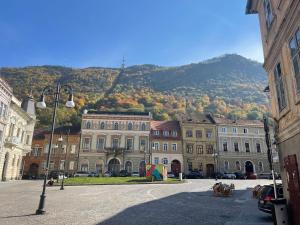 a group of buildings with a mountain in the background at Maple Lodge in Braşov