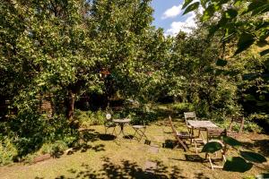 een picknicktafel en stoelen in een tuin met bomen bij Hotel Atlas in České Budějovice