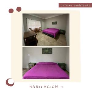 two pictures of a bedroom with a purple bed at Un rincón en las Sierras in Sierra de los Padres +15 photos