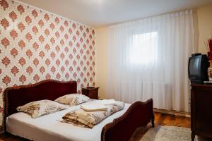 a bedroom with a bed and a window and a tv at Casa Ardeleana in Lotrioara +24 photos