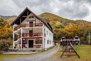 a large white building with a mountain in the background at Casa Ardeleana in Lotrioara