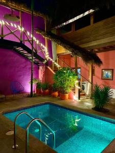 basen z oświetleniem i roślinami w budynku w obiekcie Aurinko Bungalows w mieście Sayulita