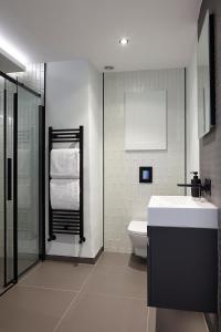 a bathroom with a sink and a toilet and a shower at Lorna House Totnes in Totnes