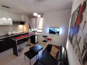 een woonkamer met een bank en een tafel bij Apartament 33 in Krakau