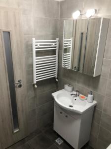 une salle de bain avec un lavabo blanc et un miroir dans l'établissement Apartament - Drumul Taberei Parc Residence, à Bucarest 62 autres photos