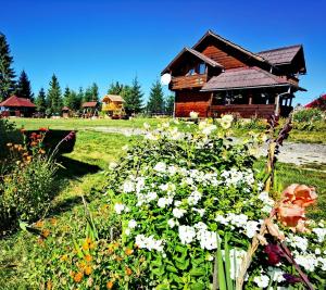 a log cabin with flowers in front of it at Cabanele FloriCrin - Cabana 2 in Mărişel