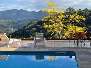 a swimming pool with chairs and a tree with yellow flowers at Pousada R.N.C. Nosso Paraíso in Teresópolis