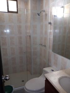 un bagno con doccia, wc e lavandino di Condominio Nuevo Rodadero apto 501 torre A a Santa Marta