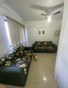 uma sala de estar com duas camas e um gato deitado no chão em Novidade - Apto a 500 metros da praia da Enseada no Guarujá