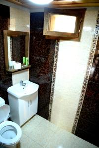 a bathroom with a white toilet and a sink at Guest House Pri Malkiya in Leshten