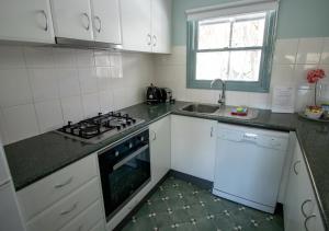 uma pequena cozinha com um fogão e um lavatório em Altitude Apartment 2 em Baw Baw Village