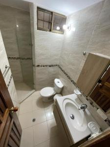 La salle de bains est pourvue de toilettes, d'un lavabo et d'une douche. dans l'établissement Bello Horizonte-Gloria Yaneth, à Santa Marta