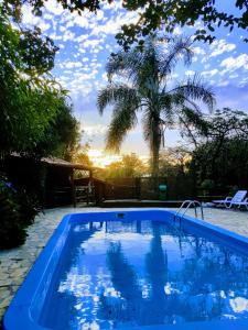 una piscina azul con una palmera en el fondo en Pousada Rosa, en Praia do Rosa