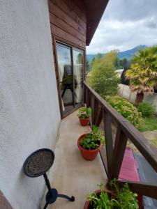a patio with potted plants and a grill on a balcony at Cabañas La Travesía in Choshuenco