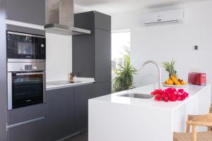 eine Küche mit grauen Schränken und einer weißen Arbeitsplatte in der Unterkunft Ereza Hoopoe Villas in Playa Blanca