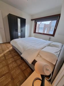 Un dormitorio con una cama grande y una ventana en Duplex Appartement Opex, en Ostende