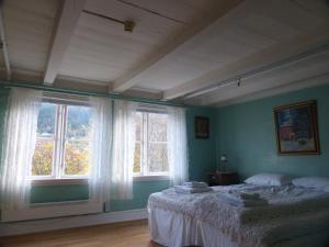 a bedroom with a bed and two windows at Jaunsen Gjestgjevarstad in Granvin