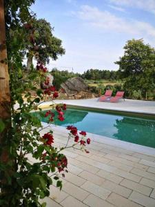 a swimming pool with red flowers in front of it at Casa rural restaurante Mas Del Rei in Calaceite