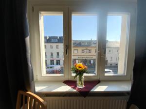 un vase de fleurs assis sur un rebord de fenêtre dans l'établissement Colonial Café Pension, à Werder