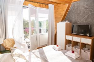 a bedroom with a bed and a tv and a window at Mėlynojo karpio namas in Kintai
