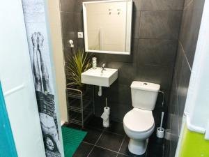 a bathroom with a toilet and a sink and a mirror at Hospedium Hostel República Surf House in Ericeira