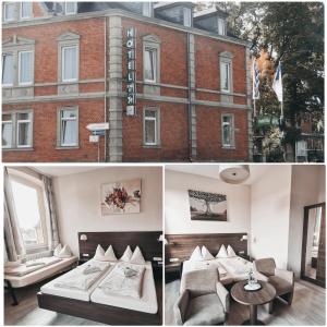 a hotel room with a bed and a building at Hotel Kitzinger Hof an der B8 in Kitzingen