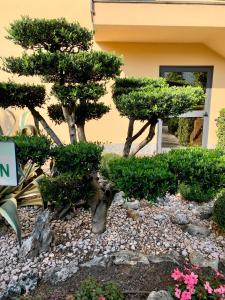 einen Garten mit Bäumen und Felsen vor einem Gebäude in der Unterkunft Hotel Ulivi in Paratico
