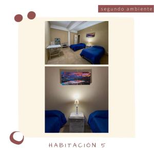 two pictures of a hotel room with a bedroom at Un rincón en las Sierras in Sierra de los Padres