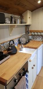 a kitchen with a counter with a stove top oven at Elmdale Hut - Shepherds Hut in Yatton