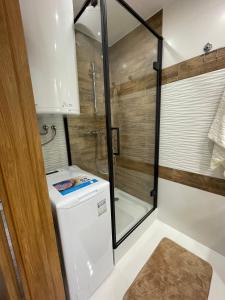 a small bathroom with a refrigerator and a shower at Apartamentylove - Apartament u Janicka, 100m do Krupówek in Zakopane