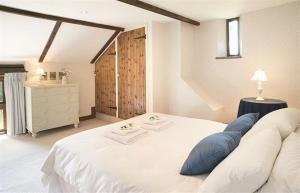 a bedroom with a large white bed with blue pillows at Host & Stay - Tregaer Mill Barn in Dingestow