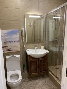een badkamer met een toilet, een wastafel en een douche bij Апартаменты в ГЛК Солнечная долина in Syrostan