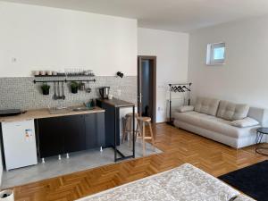 una cucina e un soggiorno con divano e tavolo di Apartman Sunny a Sombor